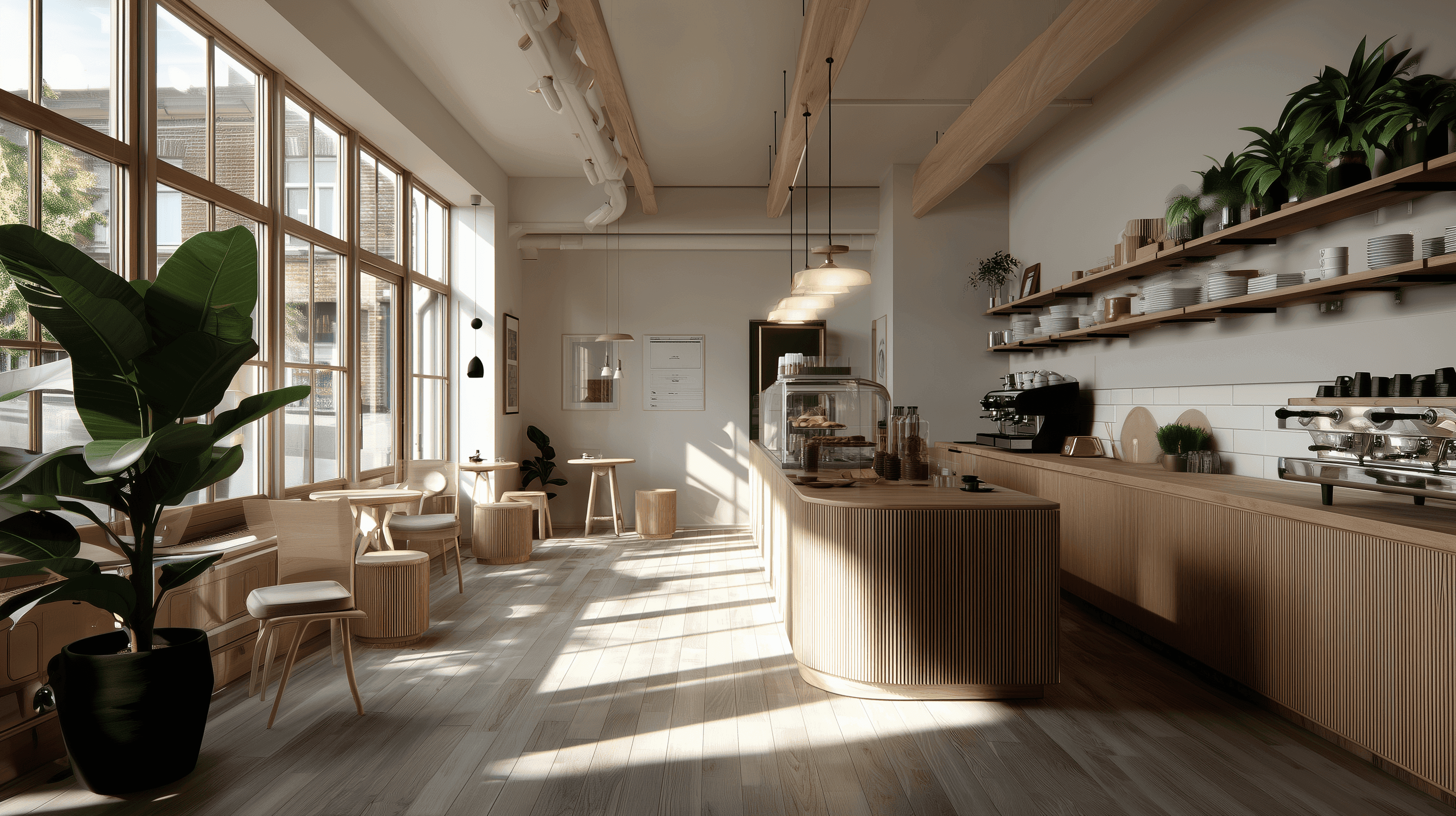 Bright café interior with warm wood fixtures and tall windows